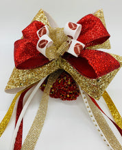 Load image into Gallery viewer, Glitter gold, red, football bunholder bow