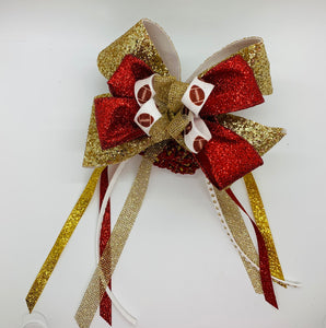 Glitter gold, red, football bunholder bow